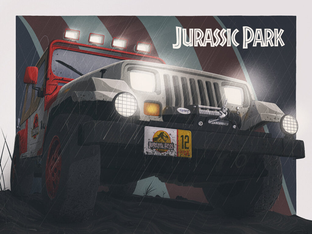 Soggettiva Gallery | In galleria d'arte cinematografica Soggettiva di Milano, l'alternative movie poster del film JURASSIC PARK (Jeep) di Housebear, regia di Steven Spielberg, see the shop | Housebear